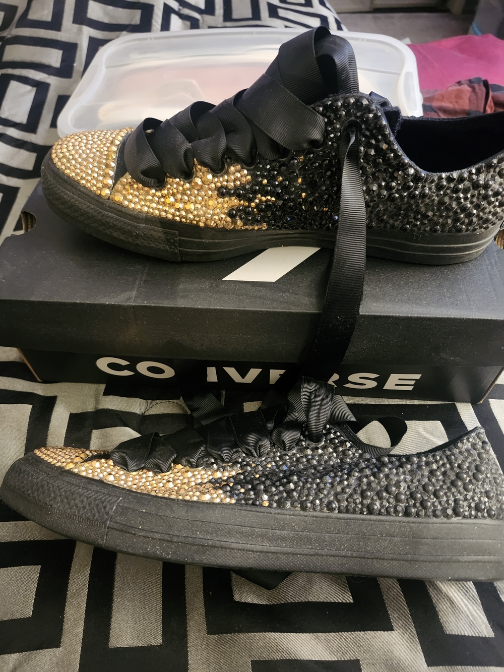 Converse Women's Rhinestone Black and Gold Low Top Sneakers